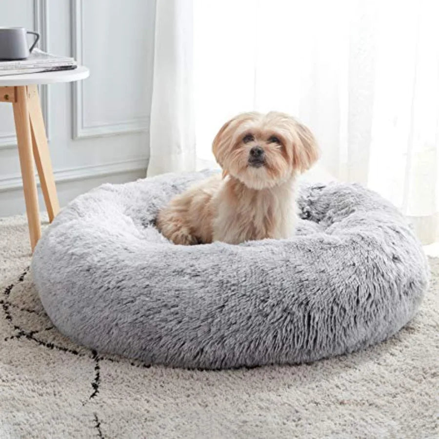 Calming Soft Round Dog Cat Bed AntiAnxiety Donut Cuddler Warming Cozy Fluffy Faux Fur Plush Cushion Bed for Small Medium Dogs a