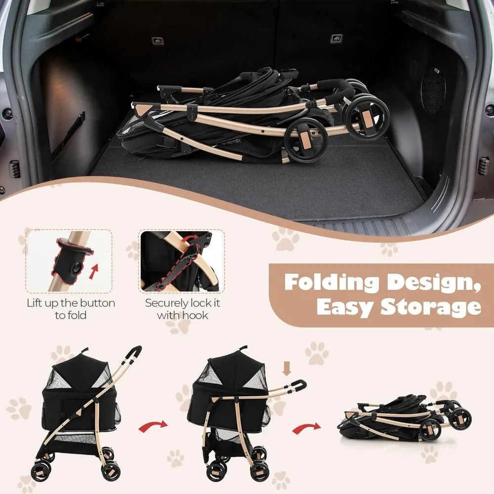 3-in-1 Pet Stroller, Portable Folding Dog Cat Stroller with Removable Car Seat Carrier, Adjustable Canopy, Zippered Mesh