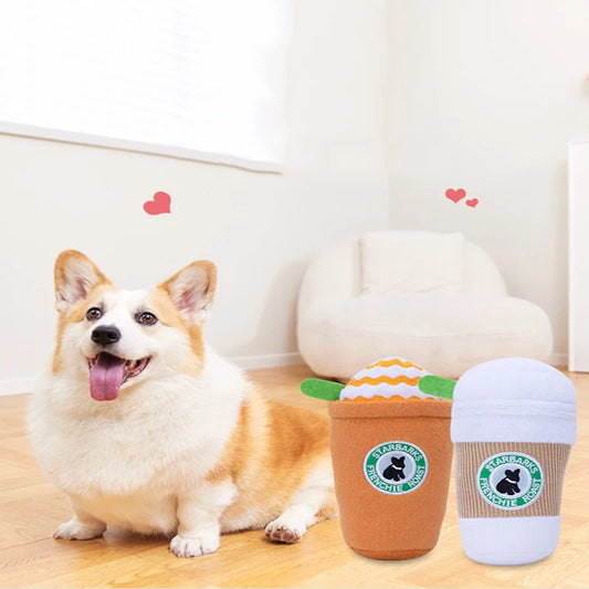 Pet Dog Cat Plush Chew Squeaky Dog Toy Coffee Cup Design Fleece Durable Chewing Interactive Pet Molar Toy Play Dog Accessories