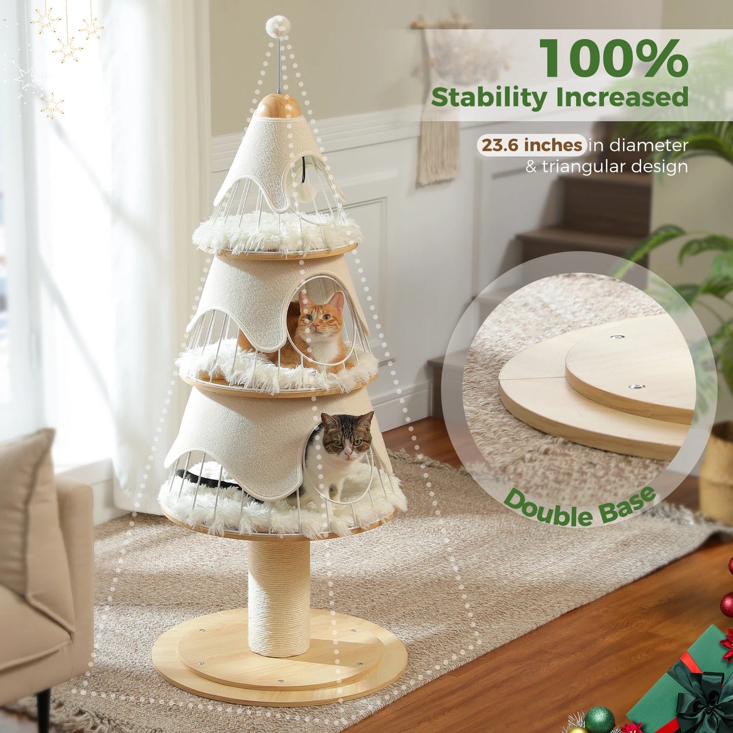 Christmas Cat Tree Tower with 3 Cozy Condos & Pompoms Multi-Level Cat House Bed for Indoor Cats Modern Cat Furniture Cat Toys