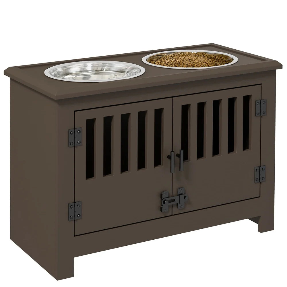 Dog Food Storage Cabinet with Elevated Feeding Station and Removable Stainless Steel Bowls Large Dogs Espresso