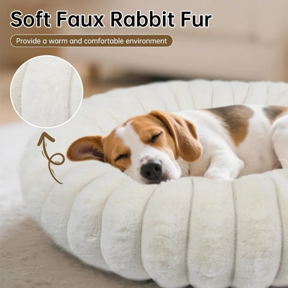 Calming Donut Dog Cat Bed, Anti-Anxiety Fluffy Warm Cozy Round Puppy Bed, Fuzzy Comfort Plush Pet Beds for Small Medium Dogs & C