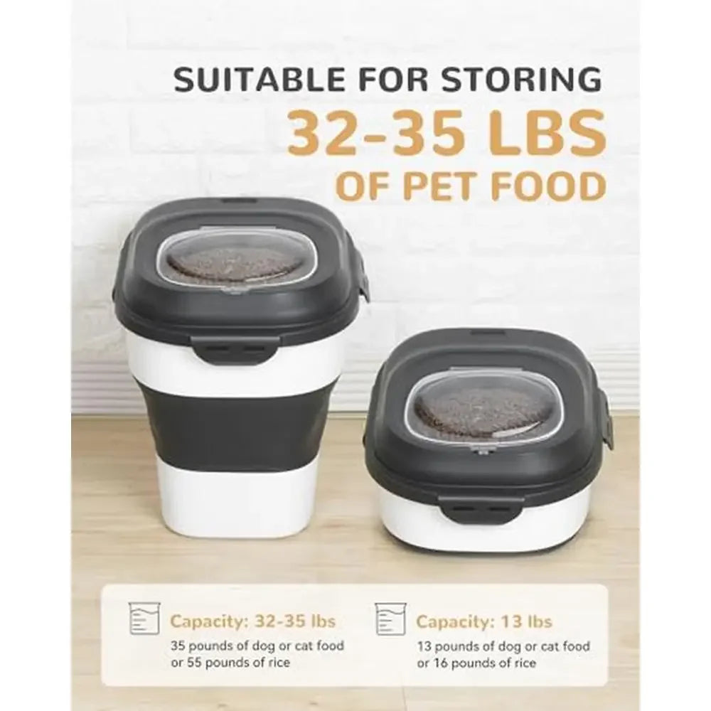 Pet Food Storage Container Airtight Seal Wheels Scoop 35lb Capacity 2pc Set Black
