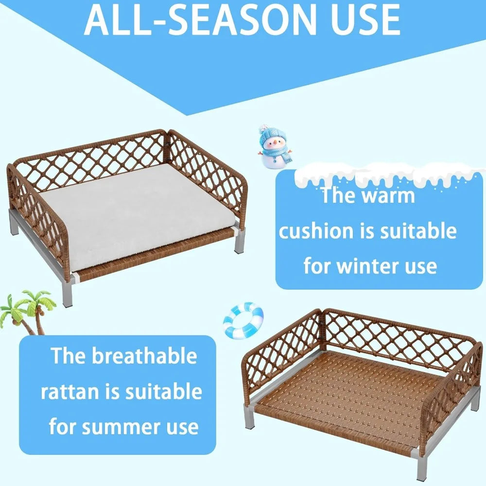 brown wicker orthopedic dog bed with removable washable cushion and egg crate foam support for outdoor use