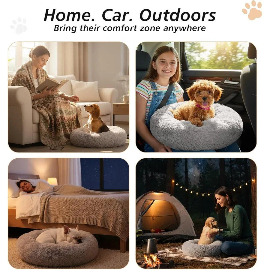 Round Calming Fluffy Plush Faux Fur Cushion Bed for Small Medium Dogs and Indoor Cats with AntiSlip Bottom Donut Cuddler Warmin