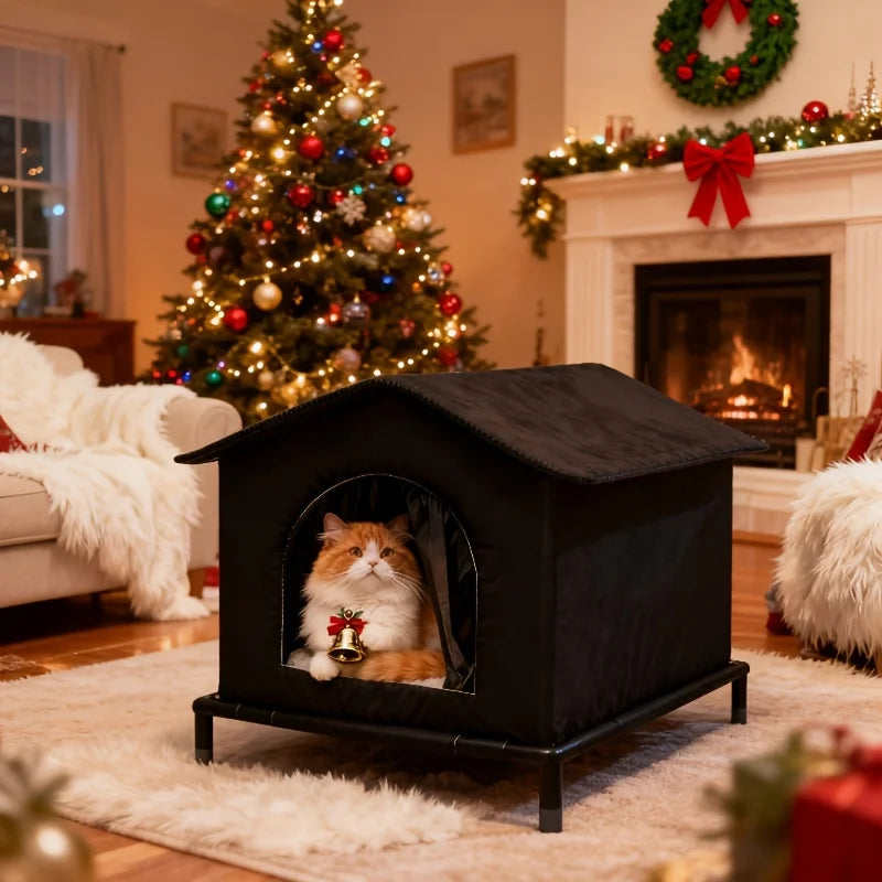 Outdoor Cat House with Shelf and Cushion Foil Insulation Throughout Stray Cat Warmer Cave Bed Cat Shelter for Kittens Winter