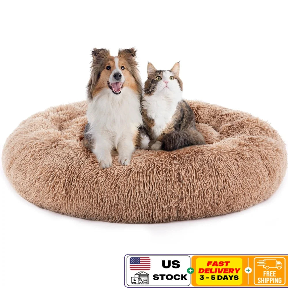 Machine Washable Cozy Dog Cat Bed Calming Donut Anti-Slip Round Waterproof Cuddle Pet Bed Home Travel