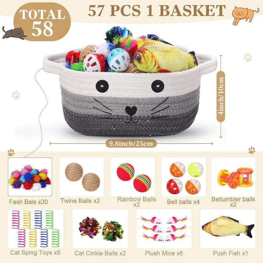 58 Pcs Cat Storage Basket Gift Toys Set Colorful Flashing Balls Pet Bell Crinkle Balls Spring Toys Attract Cat to Swat Bite Hun