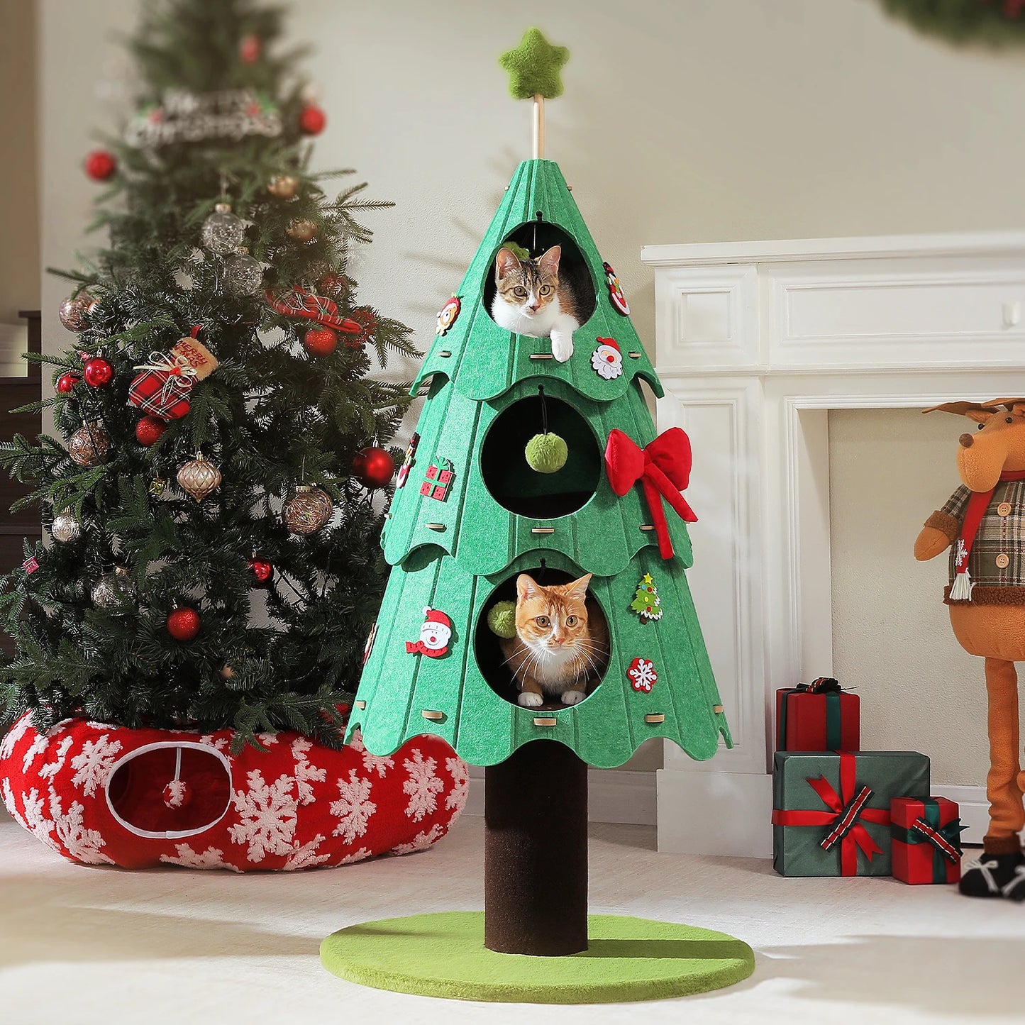 Christmas Cat Tree Tower with 3 Cozy Condos & Pompoms Multi-Level Cat House Bed for Indoor Cats Modern Cat Furniture Cat Toys