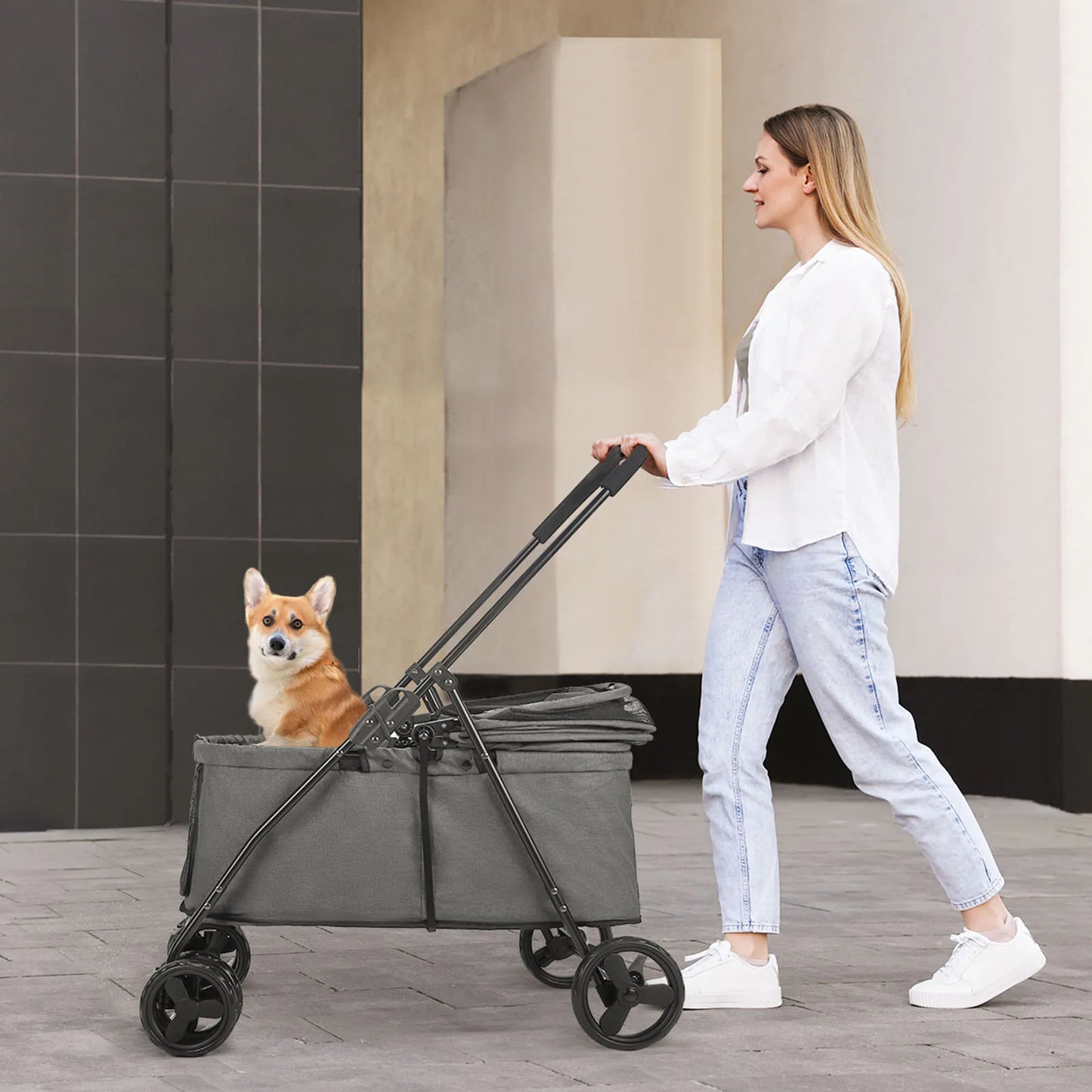 Wedyvko Luxury 80 lbs  Pet Stroller 4 Wheels Dark Grey Dog Puppy Stroller Rotate with Brakes for Small Medium Dog