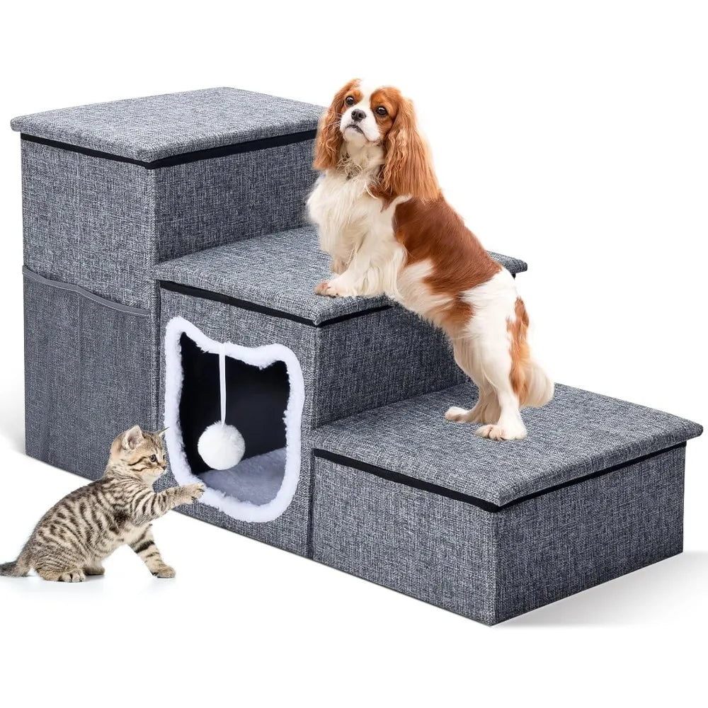 Bilibrara Dog Stairs for Small Dogs, Foldable Pet Steps for High Bed, Non-Slip 3-Step Cat Stairs with Storage, Condo and Fluffy