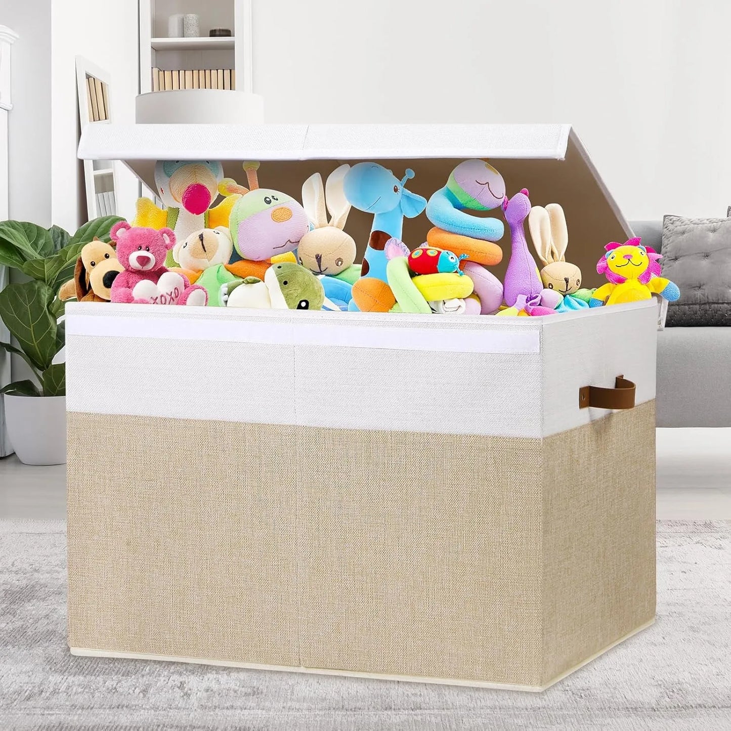 Pawfect Playtime Chest – Large Pet Toy Organizer Box with Lid, Sturdy Toys Storage Chest Bin Organizer Basket with Dividers, 26"x17" x17" (Beige and White)