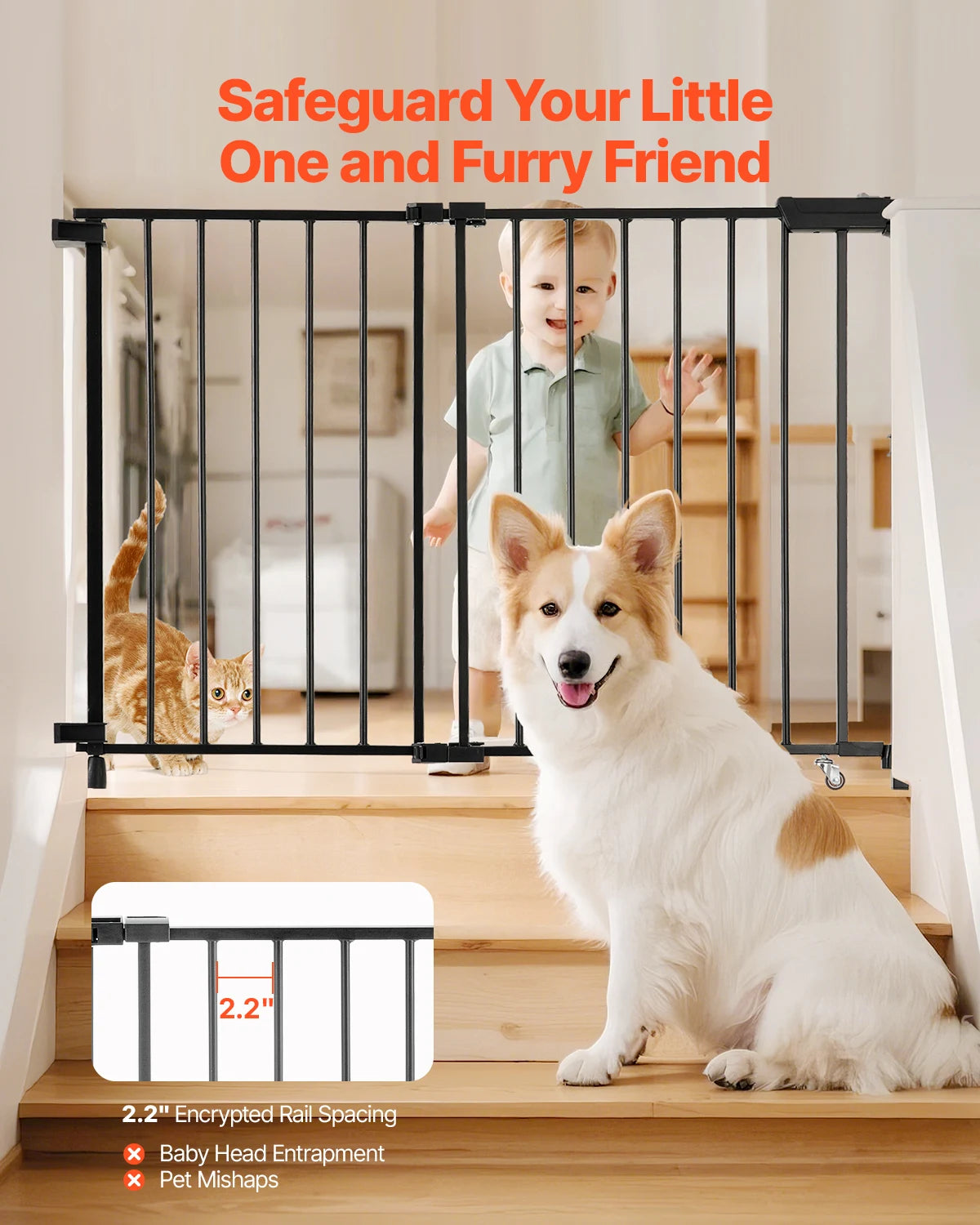 Baby Gate 29.5-43 Inches Adjustable Width 28 Inches High Dog Gate No Threshold Bar Easy Step Walk for Child Pet Security