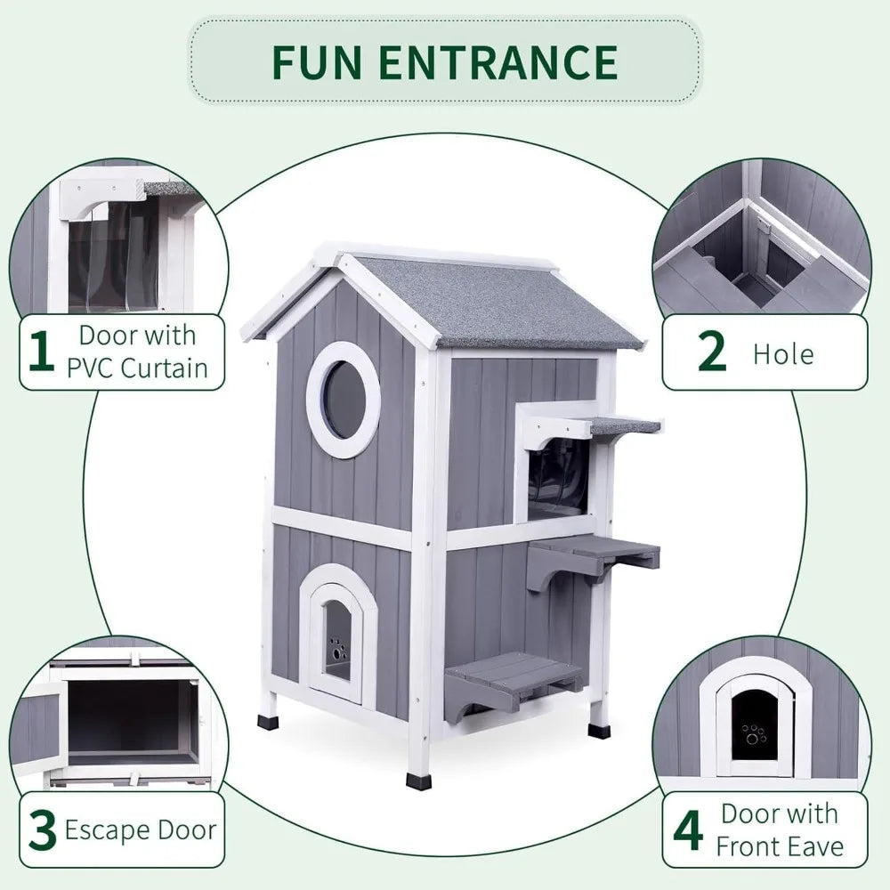 Two-Story Insulated Outdoor Heated Cat House for Winter, Shelter for Feral Cats with Thermal Layer and Removable Roof