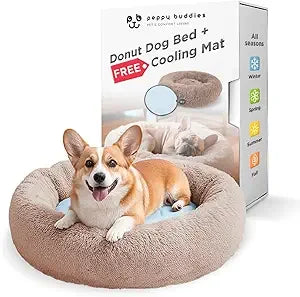 Donut Bed + F R E E Removable Cooling mat, Calming Dog Bed, Washable, Ideal for Small to Large Dogs and Cats & Round Dog Bed, Mu