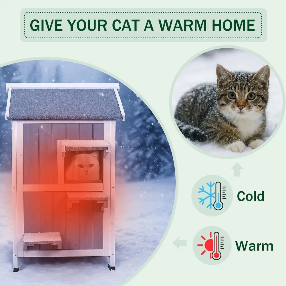 Two-Story Insulated Outdoor Heated Cat House for Winter, Shelter for Feral Cats with Thermal Layer and Removable Roof