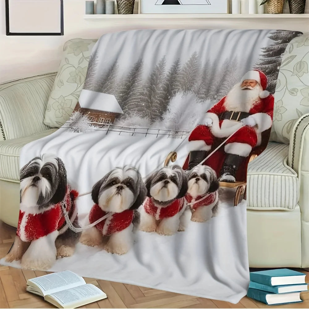 Flannel Throw Blanket - Shih Tzu Dogs & Santa Sled Winter Scene - Soft Cozy All-Season Bedspread - Red & White Christmas Design