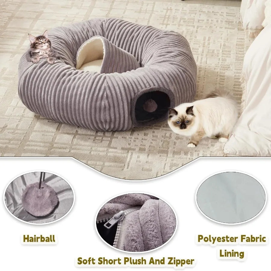 Multifunctional Cat Tunnel Bed with Washable Donut Cushion for Indoor Cats and Small Pets Blackout Tent Hideaway Plaything for
