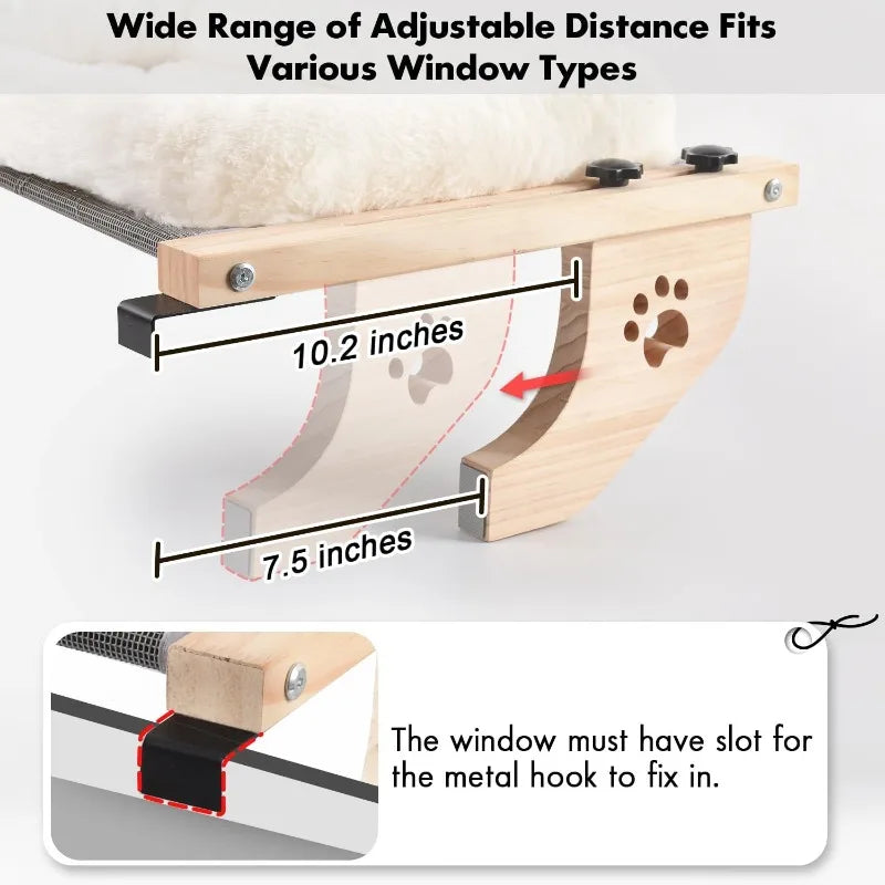 Cat Sill Window Perch Sturdy Hammock Window Seat with Cushion Bed Cover, Wood & Metal Frame for Large Cats, Easy to Adj