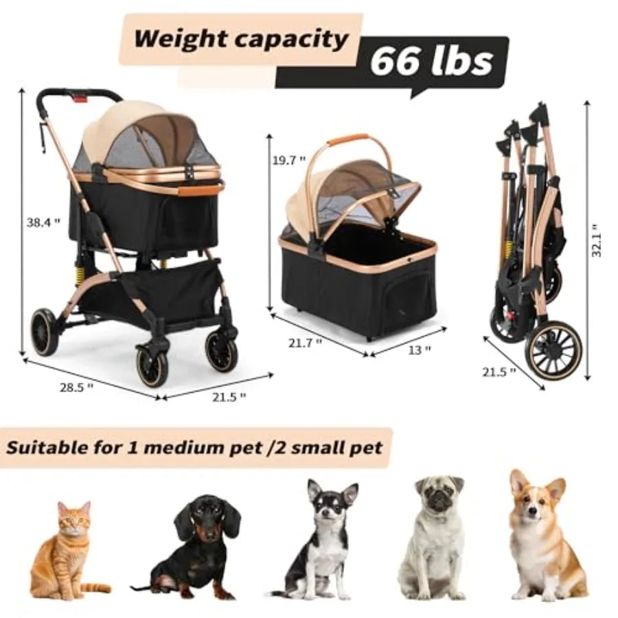 Dog Stroller for Pets One Hand Fold Puppy Stroller with 6 Shock Absorbers Removable Cabin Storage Basket 4 Wheels Dual Brakes R