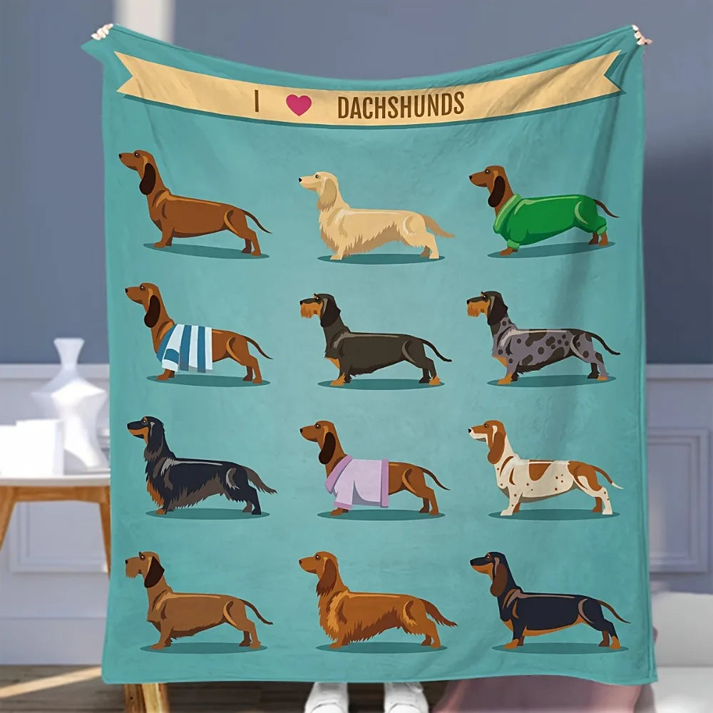 1pc Dachshund Dog Blanket - Soft Blue Flannel Cozy Plush Throw with Adorable Dachshund Designs, All-Season Comfort for Adults &