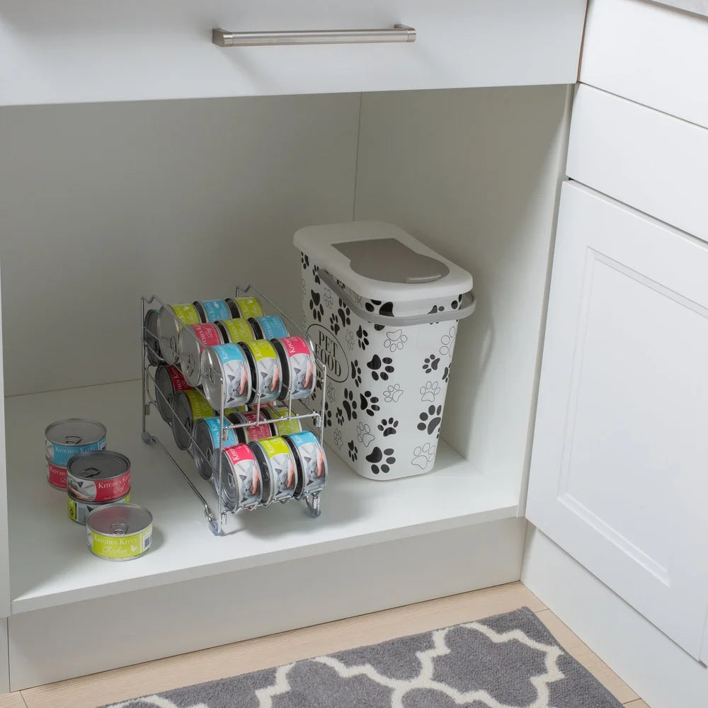 Collapsible Pet Food Can Dispenser Dogs Cats Holds 24 Cans Stackable Durable Steel Space Saving Design Easy Dispensing