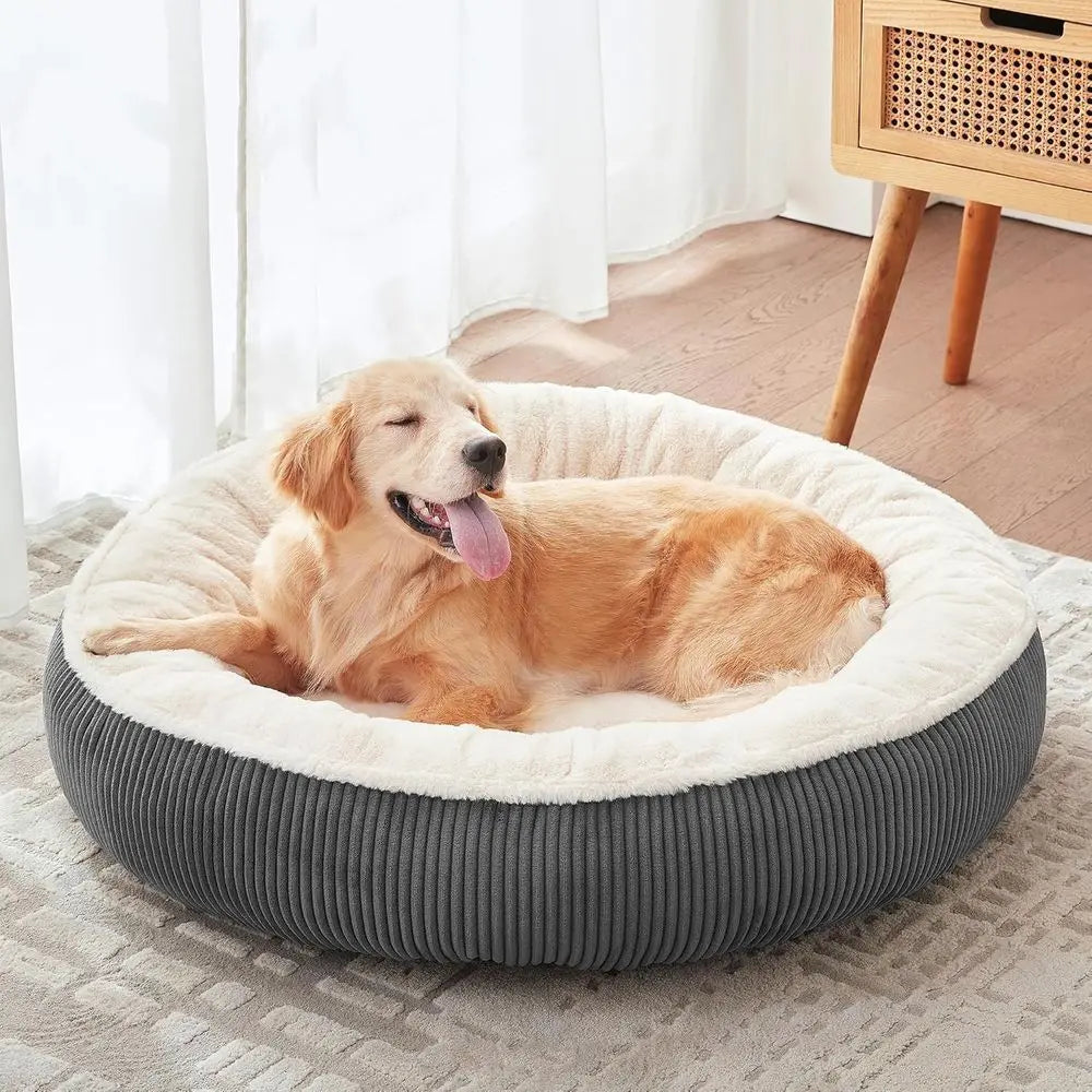 36 inches Donut Dog Bed for Large Dogs - Calming Round Pet Bed with Removable&Washable Cover, Plush Faux Fur & Corduroy, Fits Pe