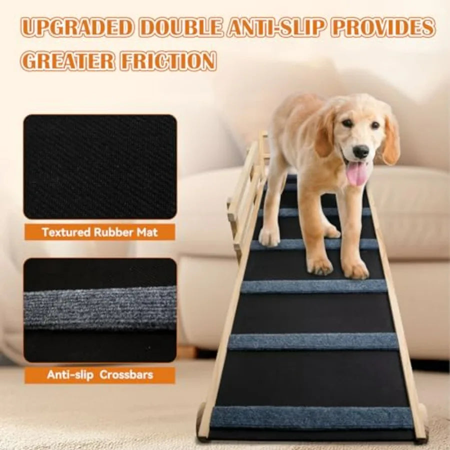 Wooden Dog Ramp for Bed 5 Level Adjustable Ramp for Dog Doulbe AntiSlip Pet Ramp with Rails