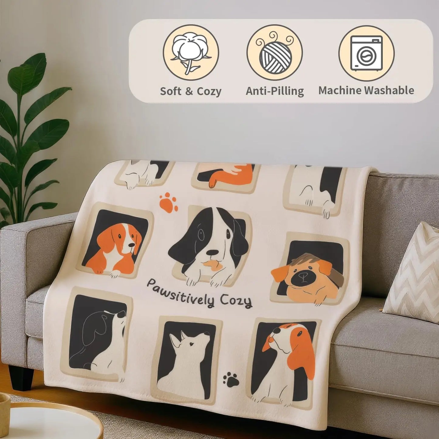Dog Throw Blanket, Puppy Design, 50x60 Inch, Soft Fleece, Beige, Great Gift for Dog Lovers