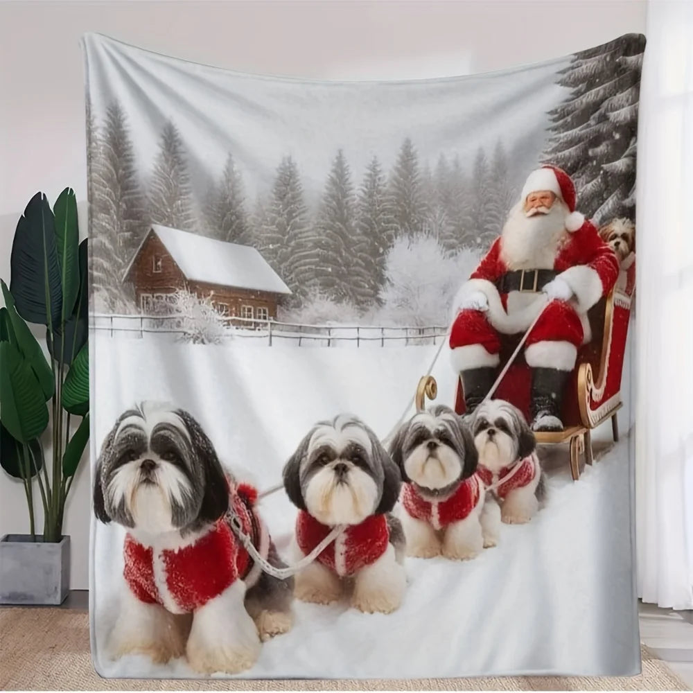 Flannel Throw Blanket - Shih Tzu Dogs & Santa Sled Winter Scene - Soft Cozy All-Season Bedspread - Red & White Christmas Design