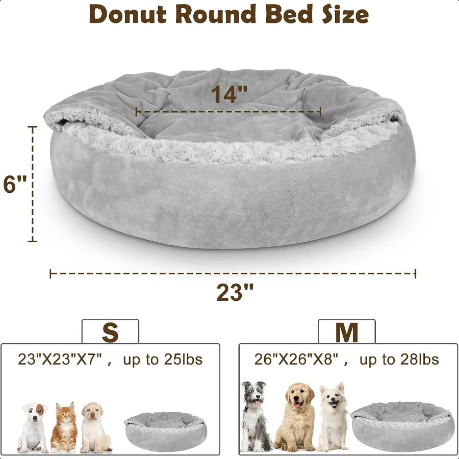 Small Dog Bed Cat Bed with Hooded Blanket Cozy Cuddler Luxury Puppy Pet Bed Donut Round Calming AntiAnxiety Dog Burrow Cave Bed
