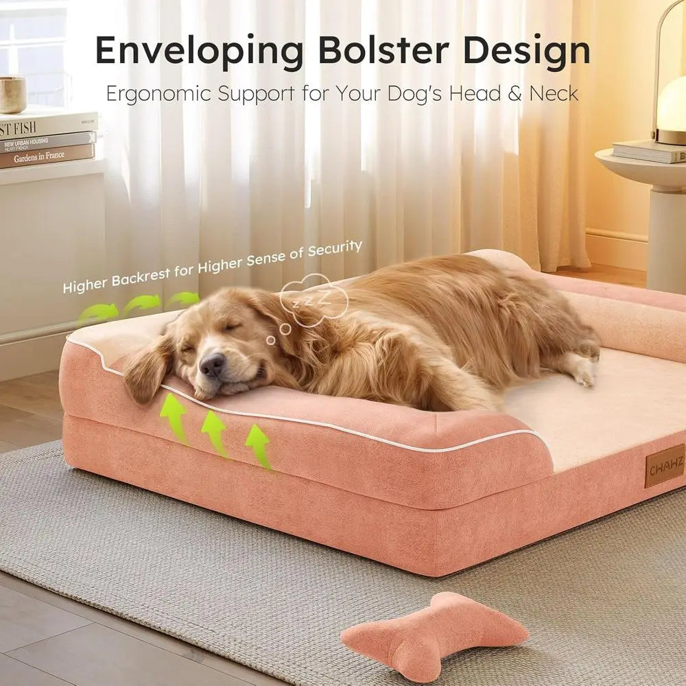 XL Orthopedic Cooling Gel Dog Bed with Waterproof Removable Cover, Peach Pink Sofa Couch, 42, Includes Bone Toy