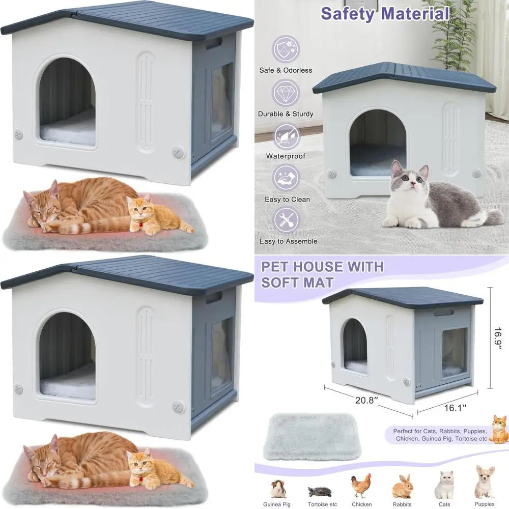 Weatherproof Indoor/Outdoor Plastic Cat House with Escape Hatch, Soft Mat, and Easy Assembly - Grey