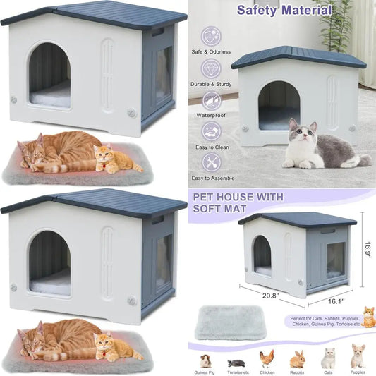 Weatherproof Indoor/Outdoor Plastic Cat House with Escape Hatch, Soft Mat, and Easy Assembly - Grey