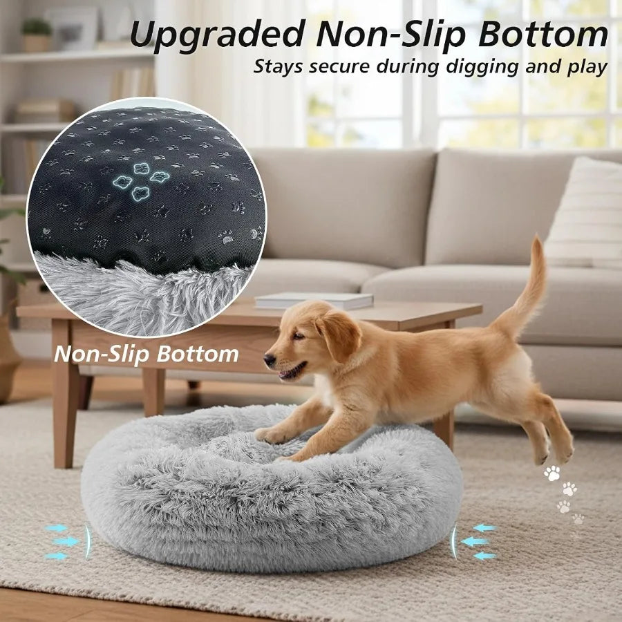 Round Calming Fluffy Plush Faux Fur Cushion Bed for Small Medium Dogs and Indoor Cats with AntiSlip Bottom Donut Cuddler Warmin