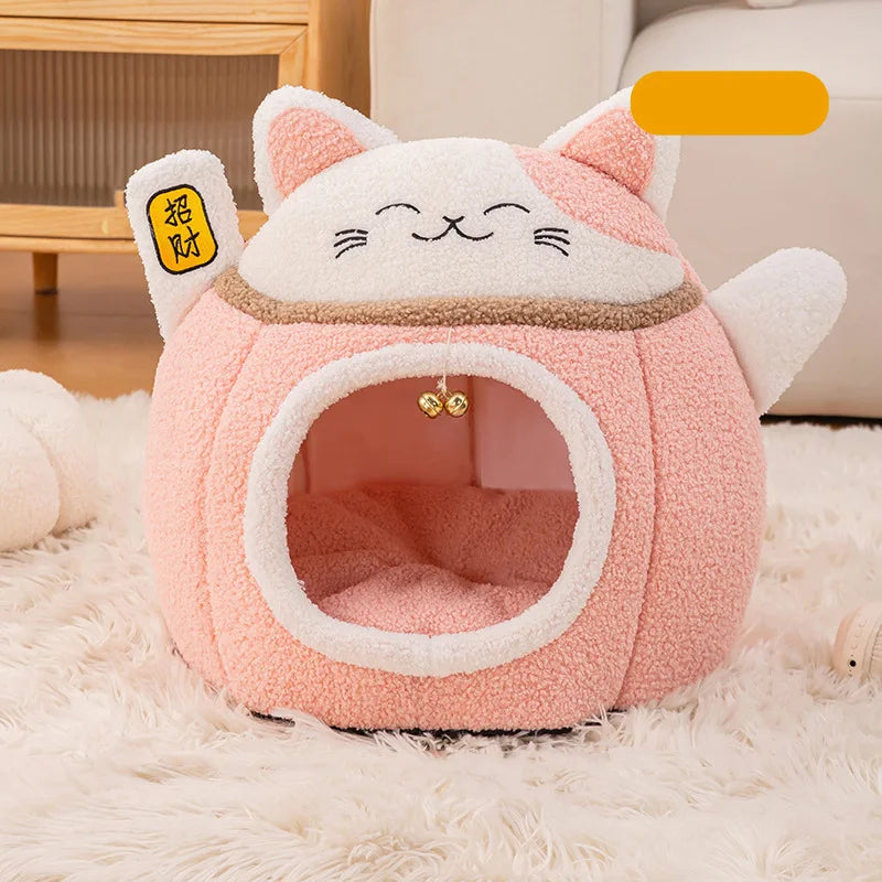 Lucky Fortune Cat Pet Bed - Winter Warm Semi-Open Fleece Round Bed for Cats & Dogs | Cozy Lucky Pet House, Soft Cushioned Kennel