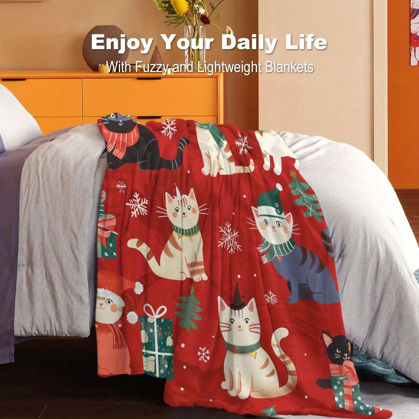 1pc Christmas Cats Flannel Throw Blanket, Soft Polyester, Contemporary Style, Digital Print, Lightweight, All-Season, for Bed