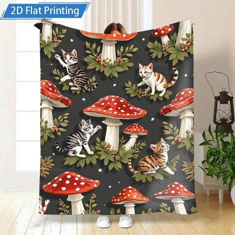 1pc Flannel Blanket Cute Cats & Mushrooms Print Blanket, Cozy Forest Theme Fleece Throw, Soft Home Decor