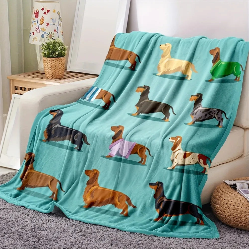 1pc Dachshund Dog Blanket - Soft Blue Flannel Cozy Plush Throw with Adorable Dachshund Designs, All-Season Comfort for Adults &