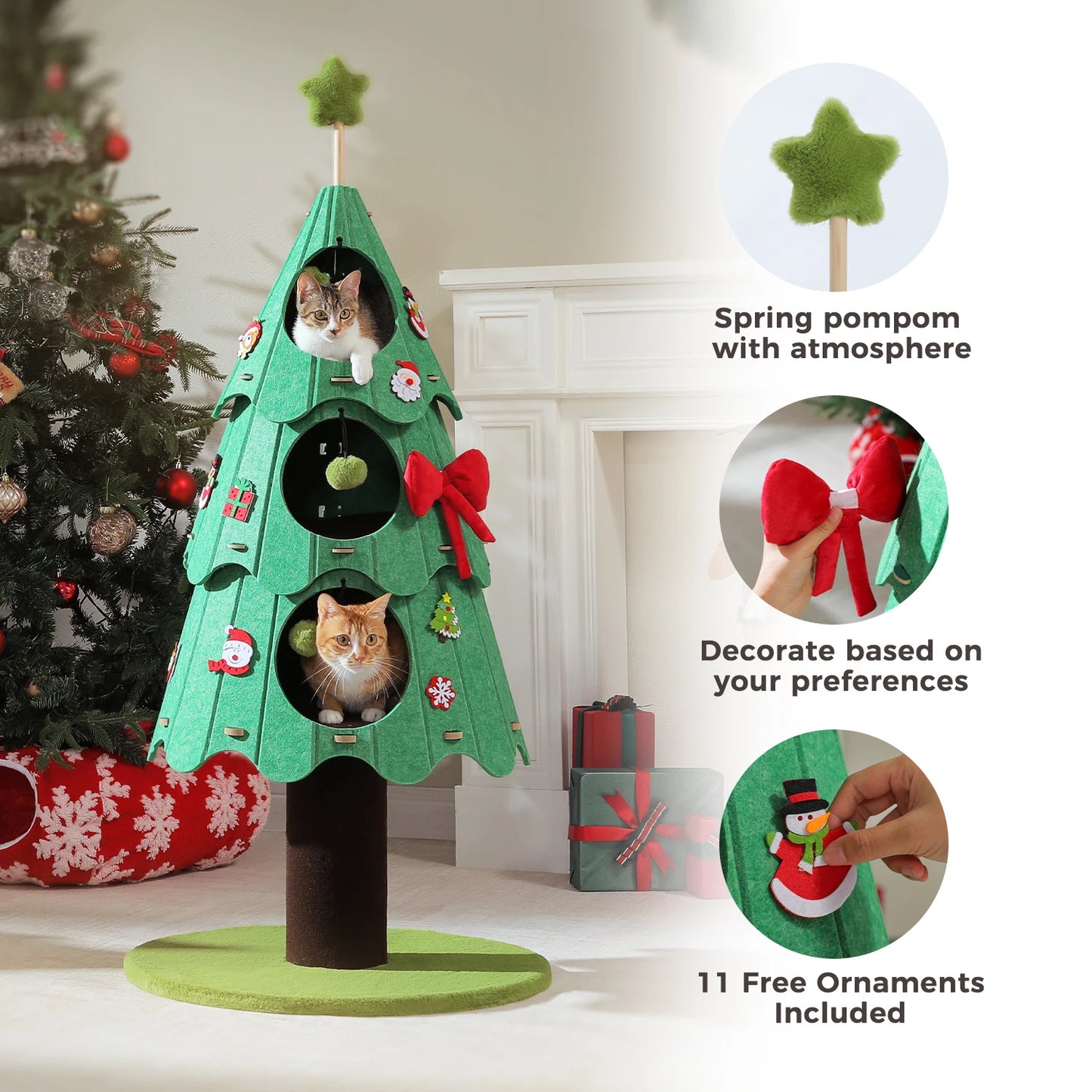 Christmas Cat Tree Tower with 3 Cozy Condos & Pompoms Multi-Level Cat House Bed for Indoor Cats Modern Cat Furniture Cat Toys