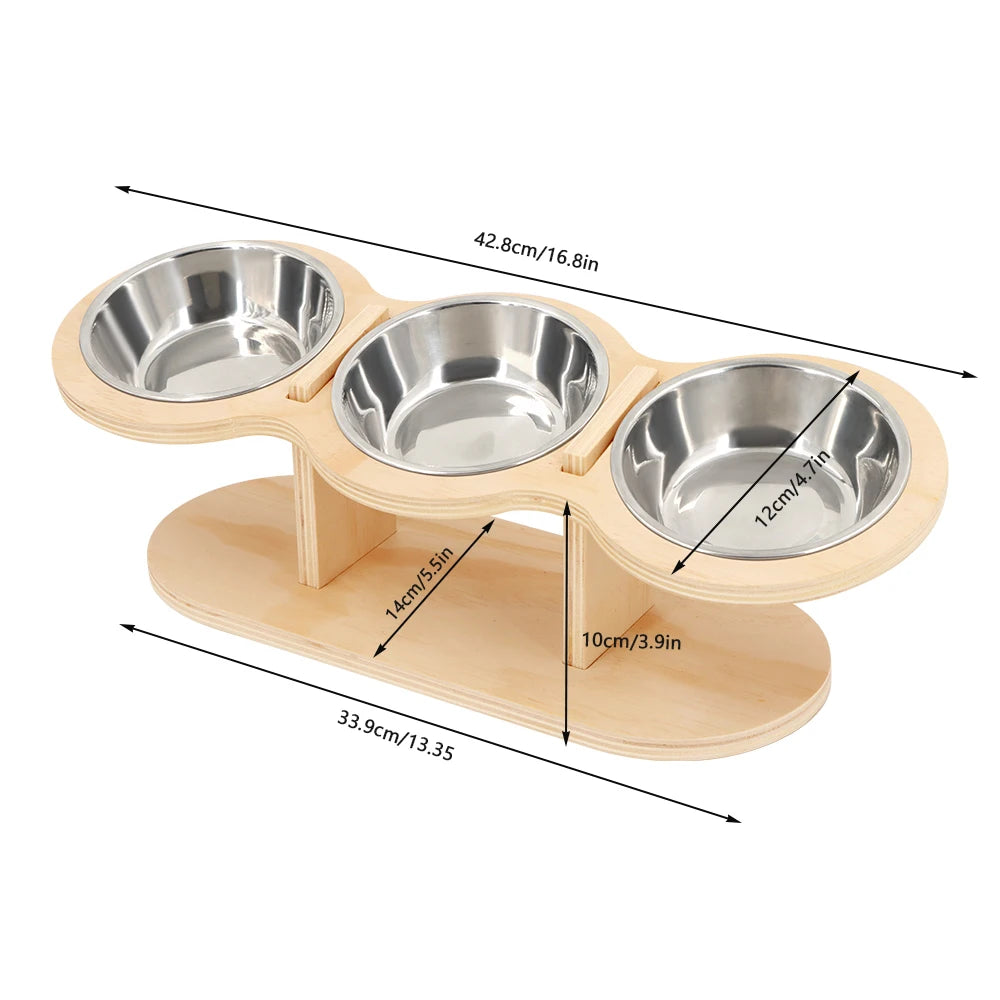 Cat 3 Bowls in 1 Feeder Feeding & Watering Supplies Food Bowl 15-Degree Tilt Raised 3 Stainless Steel Bowls Wood Brackets Puppy
