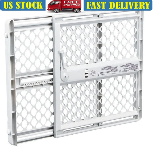 Universal Plastic Pet Gate Expandable Pressure Mount 26in to 42in 5 Ways Usage Durable Rounded Edges Safety Barrier