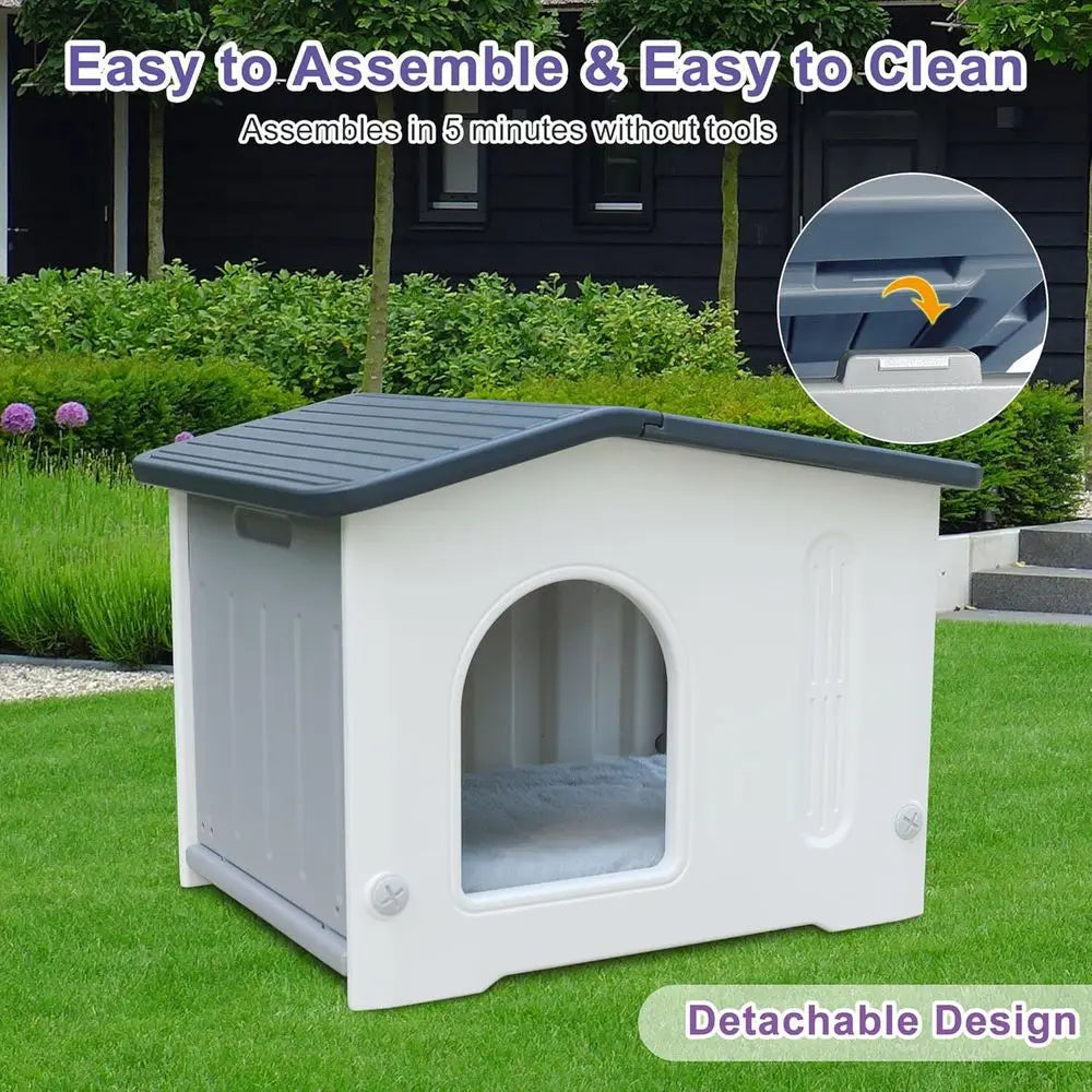 Weatherproof Indoor/Outdoor Plastic Cat House with Escape Hatch, Soft Mat, and Easy Assembly - Grey
