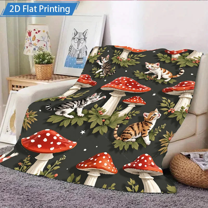 1pc Flannel Blanket Cute Cats & Mushrooms Print Blanket, Cozy Forest Theme Fleece Throw, Soft Home Decor