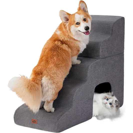 Gray Curved Dog Stairs Ramp for High Beds 28.7" H, 5-Step Dog Steps for Small Dogs and Cats, Pet Stairs for High Bed Climbing, N