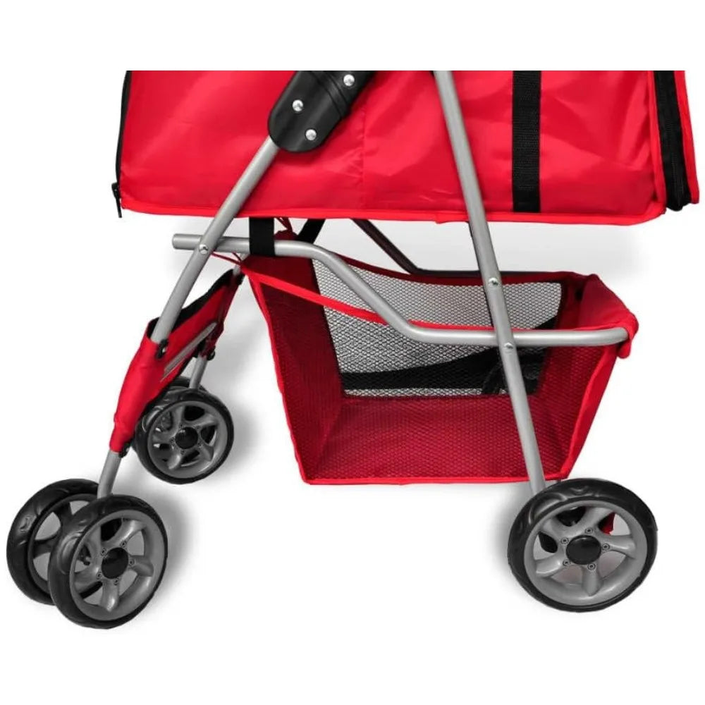 Red Pet Stroller for Dogs and Cats with Mesh Ventilation Foldable Design Lightweight Portable Carrier Dog Cat Travel Bag