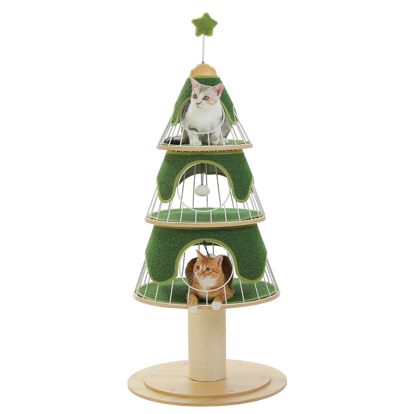 Christmas Cat Tree Tower with 3 Cozy Condos & Pompoms Multi-Level Cat House Bed for Indoor Cats Modern Cat Furniture Cat Toys
