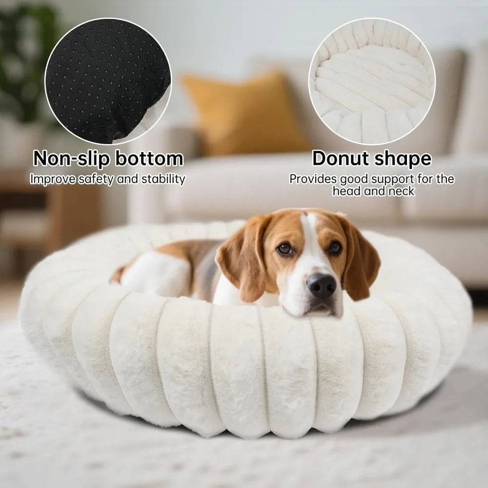 Calming Donut Dog Cat Bed, Anti-Anxiety Fluffy Warm Cozy Round Puppy Bed, Fuzzy Comfort Plush Pet Beds for Small Medium Dogs & C
