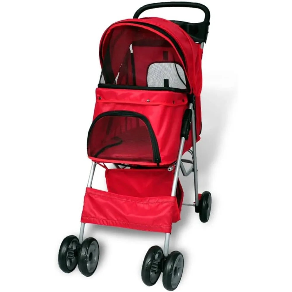 Red Pet Stroller for Dogs and Cats with Mesh Ventilation Foldable Design Lightweight Portable Carrier Dog Cat Travel Bag