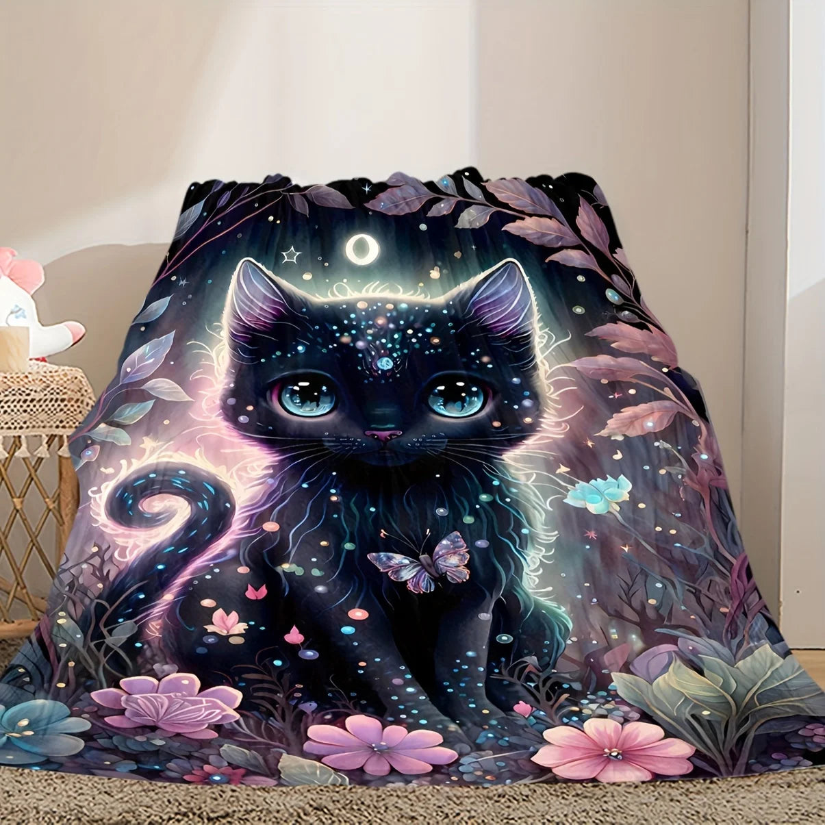 1pc Black Cat Super Soft Flannel Blanket, Lightweight Plush Throw, Warm Fleece Wrap for Sofa, Bed, Halloween Christmas Gift